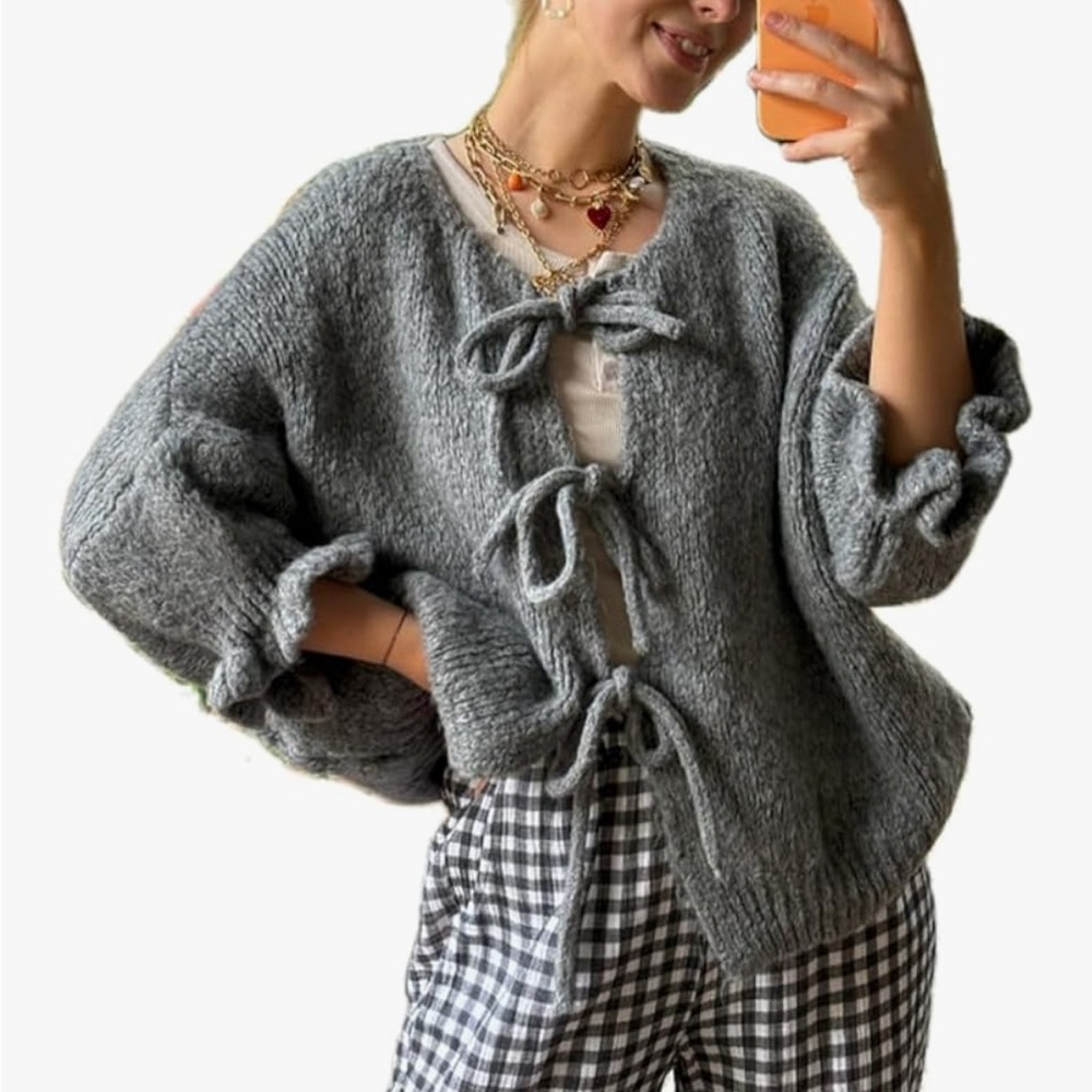 Cozy Gray Knit Cardigan with Bow Ties